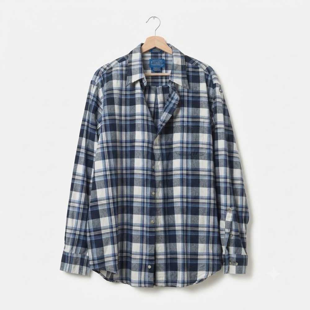 Pendleton Oceanside Mens XL Flannel Shirt Navy Blue Plaid 100% Cotton Long Sl